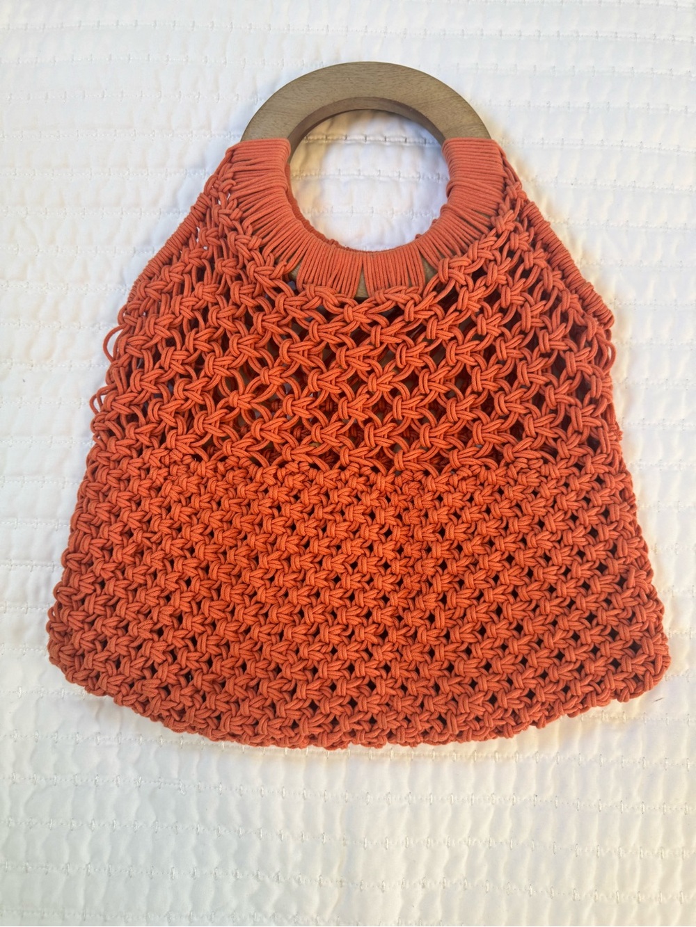 Coral Terra Cotta Macrame Handbag Wood Handles Boho Crochet Purse